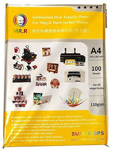 MR.R 110 gsm/m² A4x100 hojas papel de sublimación hojas de papel de transferencia de calor para tazas de cerámica y materiales de sustrato rígido Adecuado para impresoras de sublimación