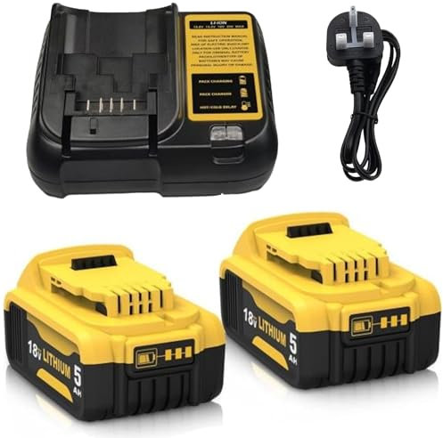 TOPBATT 2pcs 5000mAh replacement for Dewalt battery 18V + 1pcs 10.8~20V 3A DCB107 for Dewalt battery charger with LED indicator