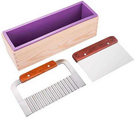 Kit de moules à savon en silicone de 1,190 g avec boîte en bois, grattoir ondulé et droit en acier inoxydable