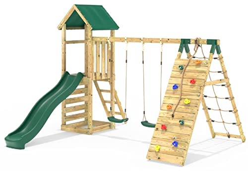 Rebo® Children's Challenge Wooden Climbing Frame with Swings, Slide and Up and Over Climbing Wall - Greenhorn | OutdoorToys | Sturdy Wooden Construction, Pressure Treated Timber