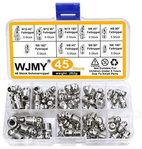 WJMY Ingrassatori Set Nipplo Ingrassatore M6 M8 M10 45 Pz Grasso Raccordo Assortimento Kit 45°90°180° con Custodia
