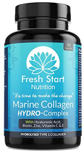 Marine Collagen Tablets 1000mg - 90 Premium Type 1 Hydrolysed Collagen Capsules with Hyaluronic Acid, Vitamin C, E, B2, Biotin, Zinc, Copper and Iodine - Made in The UK by Fresh Start Nutrition