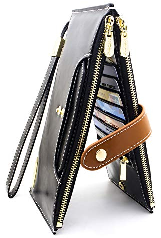 ANDOILT Geldbörse Damen Leder Gross Geldbörsen RFID Blocking Schutz Geldbörse viele Kartenfächer Groß Geldbeutel Frauen Schwarz