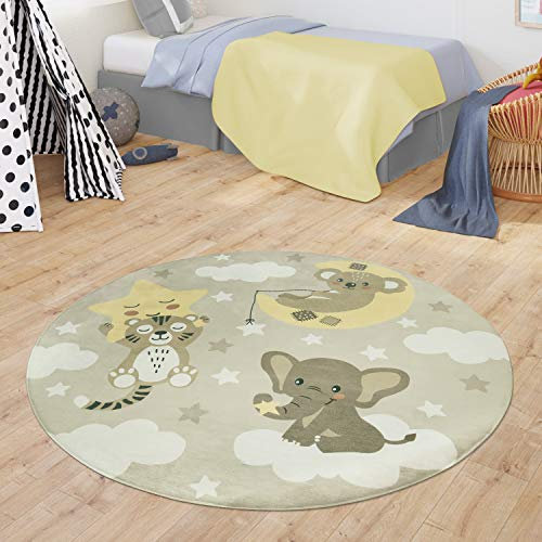 TT Home Teppich Kinderzimmer Kinderteppich Babymatte Koala Elefant Wolken Sterne Himmel Mond, Farbe:Beige, Größe:120 cm Rund