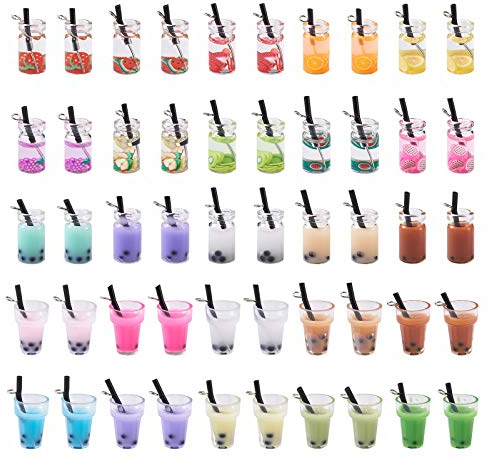 PandaHall 100 Stück Milchtee- und Obst-Ohrring-Anhänger, 3 Stile, schöne Boba-Tee-Getränke, baumelnde Charms zum Selbermachen, Schlüsselanhänger, Halskette, Ohrringe, Basteln