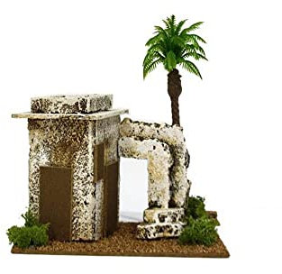Casa Araba Villaggio Presepe ARABO Casette in Sughero Ambientazione Scenario Medio Oriente Paesaggio con Arcata e palme , base Legno Dimensioni 18,5x13 h. 20 Vuoto presepio Palestinese Casette