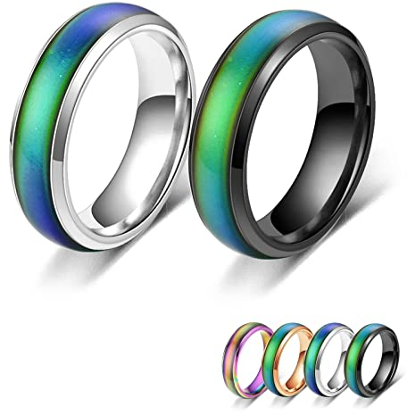 Bymivofun 2 Stück Stimmungsringe, Temperatur Emotion Ring, Edelstahl Farbwechsel Stimmung, für Freund Freundin Tägliche Party Geburtstag Valentinstag Jubiläum (Schwarz, Silber, 61 (19.8))