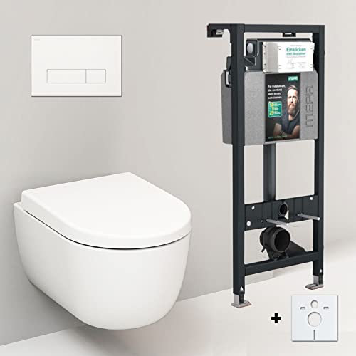 Badena Randloses Hänge WC mit Spülkasten 49cm I Wand WC ohne Spülrand mit Mepa nextVIT Vorwandelement und Orbit Betätigungsplatte I Weiß Matt