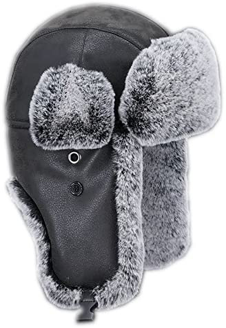 WHSPORT Warme Leder Trappermütze mit Kunstleder Bomber Hut Unisex Fliegermütze ​Fellmütze Erwachsenen für Männer (Color : Black, Size : 60cm/23.62in)