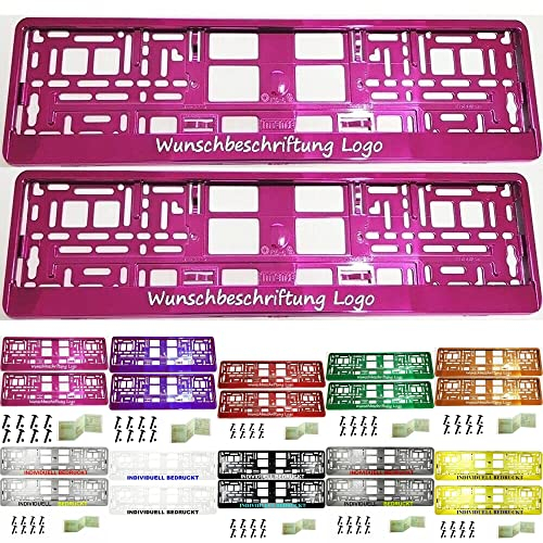 2 Stück Kennzeichenhalter mit Wunschtext Beschriftung Werbung Bedruckt. KOSTELOSE Lieferung (Pink Chrom)