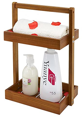 Utoplike Duschablage aus Teakholz, 2 Etagen, Badezimmer-Organizer, Arbeitsplatte, stehender Duschkorb mit Griff, Duschkorb für Shampoo, Regal für Innendusche, Küchen-Desktop