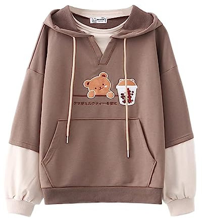HIMI HIMIFASHION Süßer Kapuzenpullover für Teenager-Mädchen, Kawaii-Milchtee-Bär-Stickerei, Kapuzen-Sweatshirt, Patchwork, lockerer Pullover, Hoodies, Tops für Frühling und Herbst, braun,