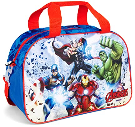 PERLETTI Bolsa Deporte Marvel Avengers para Niños - Bolsa Gimnasio Niño Azul y Rojo con Correa Ajustable - Mochila Deporte Infantil con Superhéroes para Piscina Viaje Tiempo Libre - 28x41,5x21cm