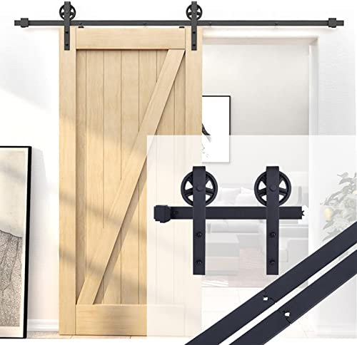 EGTink 200cm/6,56FT Kit de Porte de Grange Coulissante, Quincaillerie Kit de Rail avec Roulettes et Rail, Ensemble Industriel pour Porte Coulissante Interieur