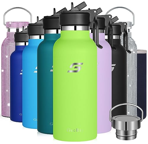 GeeRic Bottiglia Termica 500ML Opaco Borraccia Acciaio Inox+Tappo con Cannuccia+Borsa Portatile 500ML Bottiglia Acqua Sportiva Tenere 18H Caldo/24H Freddo Borraccia Termica per Gita,Scuola,Sport Verde