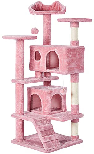 Abician Arbre à Chat avec Poteaux en Sisal Cachettes Perchoirs Griffoir Boules Tour pour Chat de Petite Taille ou de Taille Moyenne Tour d'activité Rose