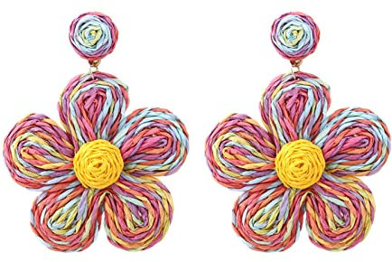 Bohemian Rattan Flower Drop Dangle Earring for Women Boho Colorful Raffia Straw Wicker Statement Earring Handmade Summer Tropical Beach Jewelry, Rattan Metal, rattan