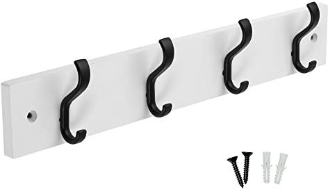 keypak Minimalistic Wall-Mounted Coat Rack – 4 Hooks on Stylish Modern Wooden Base for Wall & Door – 38cm – All Fixings Included (Matte Black/White)