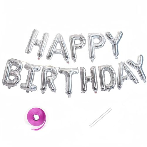Vthoviwa Happy Birthday Banner Silber, HAPPY BIRTHDAY Girlande Luftballons Silber, 16 Zoll Geburtstag Folienballon Alufolie Geburtstagsballon Silber