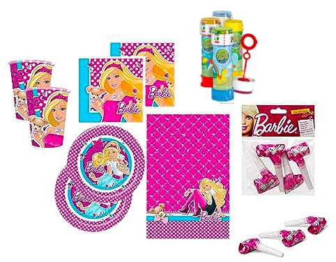 KIT per Festa a Tema Barbie - Set di Barbie per la tua tavola con Piatti Bicchieri Tovaglioli Tovaglia e Lingue di Menelik in Omaggio Tubetti di Bolle