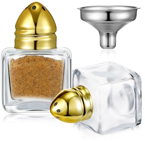 Uiifan 2 mini barattoli per sale e pepe a forma di cubo da 14,2 g, in vetro trasparente, con imbuto, per matrimoni, feste, ristorante, casa, cucina (oro)