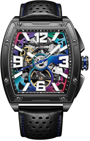 SEA-GULL Herren-Armbanduhr, Automatik, schwarzes Lederarmband, 40 mm Edelstahlgehäuse, durchbrochenes Zifferblatt, 50 m wasserdicht, Schwarz , Armband