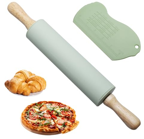 12in Silicone Rolling Pin with Wooden Handle, Non-Stick Coating, for Baking Pizza, Pastries, Pastry Dough, Cookie, Fondant