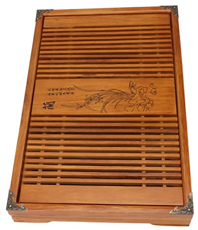 Kungfu Tea Tray, Chinese Gongfu Tea Tray, Drainage Water Reservoir, Wooden Tea Table with Drain Pipe (Yellow Orchid)