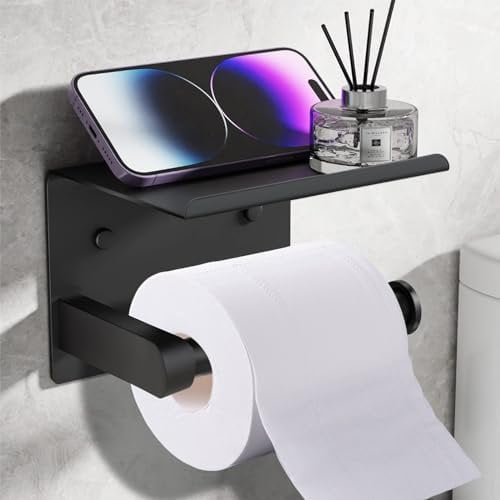 Toilet Roll Holder Wall Mounted, Toilet Paper Holder with Phone Shelf, Toilet-Roll Holder Self Adhesive, Black Bathroom Accessories SUS 304 Stainless Steel for Bathroom Washroom Toilet Kitchen