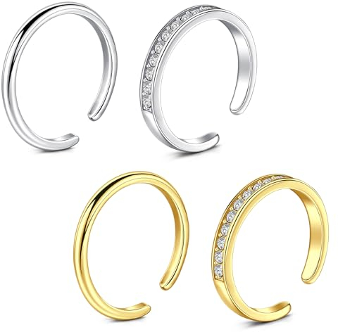 WillTen 4Pcs Gemischte Farbe Zehenring Edelstahl einstellbar Biegung offener Zehenring, Blume Pfeil Blatt CZ Zehenschwanz Ring Sommer Strand Fuß Schmuck Set für Frauen Männer