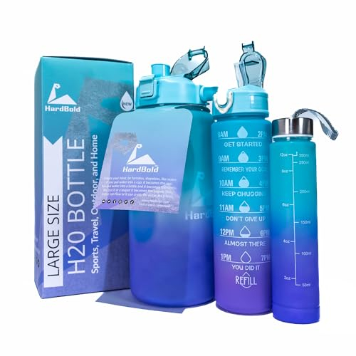 HardBold Gourde Motivation 3 en 1 (2L 1L 0,5L) Gourdes de Sport avec Paille, sans BPA, Bouteille d'eau avec Marqueur de Temps pour le Gym, camping, la randonnée, la sale de Sports