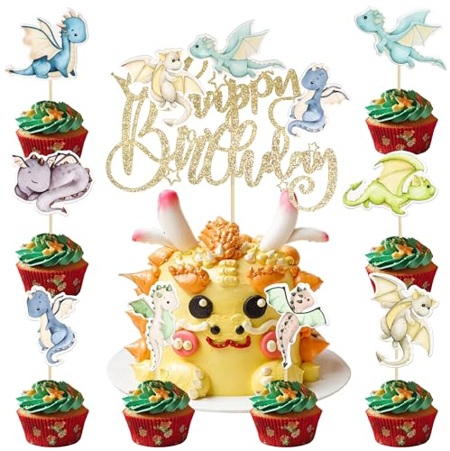 Ephlyn 37pcs Dragon Party Cupcake Toppers - Dragon Birthday Cake Toppers