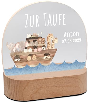 Bärenfreunde® - Personalisiertes Nachtlicht für Babys - Nachttischlampe für Kinder - Personalisierte Geschenke Kinder - Babygeschenk, Taufgeschenk, Geschenk zur Geburt (Taufe Arche Tiere Wasser)