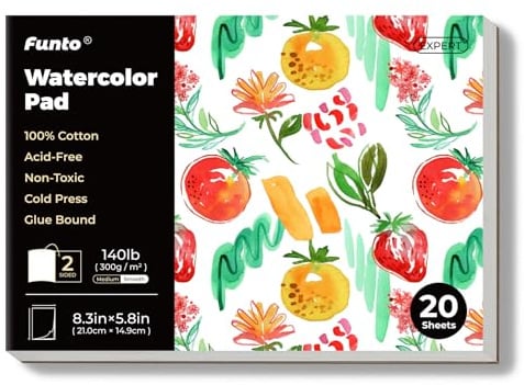 Funto Watercolor Paper Pads, 100% Cotton, 20 Sheets, A5 (8.3 x 5.8), 140lb (300gsm), Glue Bound, Double-Sided, Acid-Free, Cold Pressed, Easy Tear Watercolor Paper for Travel Drawing and Mixed Media