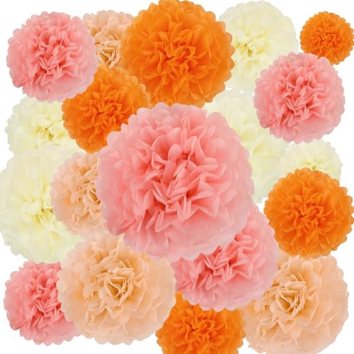 BestoFun 16 Stück Beige Rosa Seidenpapier Pompoms Orange Pompons Deko Herbst Dekoration für Hochzeit Deko Tischdeko Geburtstagsdeko Party Deko Gartenparty