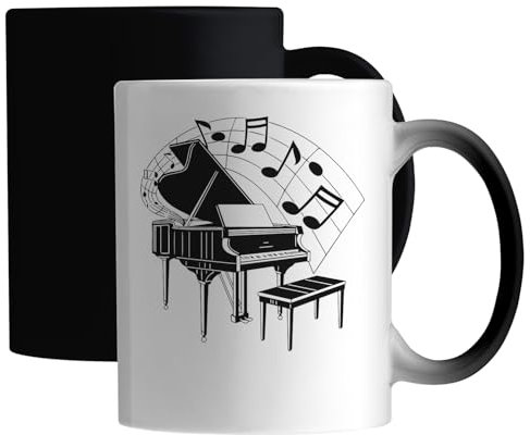 Taza mágica de cerámica con notas musicales y piano, color blanco