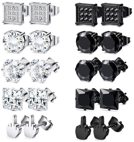 Uwiyo 10 Paar Ohrringe Ohrstecker Herren Männer, 8mm Edelstahl Fake Plugs Ohrringe Rund Diamant Ohrstecker Ohrringe Piercings für Männer Frauen, Schwarz+Silber (Schwarz+Silber Set 2)