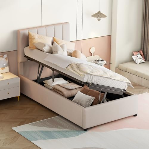 Wyibwy Letto imbottito 90x200 cm,letto contenitore idraulico,multifunzionale letto singolo con tessuto di lino,con Testata regolabile,adatto per adulti e ragazzi,Beige