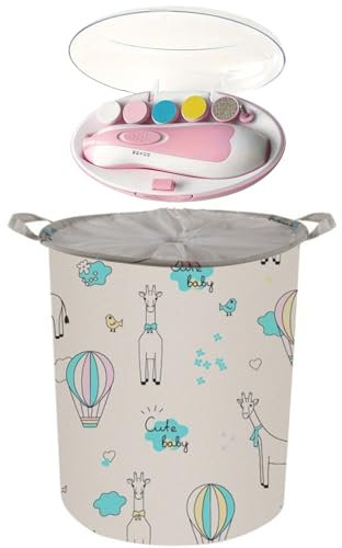 Cesto Ropa Sucia Bebe, Cesta Juguetes Infantil de Animales 35x45, Lima Uñas Bebe, Lima Uñas Electrica Bebe, Pack Cesta Ropa plegable Jirafas y corta uñas bebe, Limador de Uñas Bebe Electrico Rosa