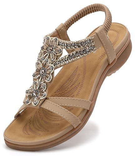 Littleplum Damen Sandalen Sommer Flach Sandalette Bohemia Strand Sandalen,Beige,41 EU