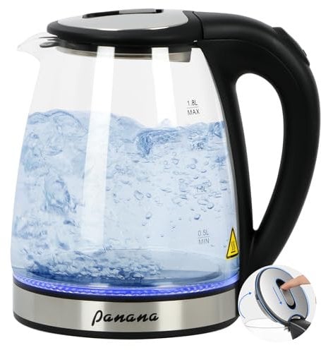 Panana Electric Kettle Glass Kettle with Blue LED, 1.8L, Fast Boil, 1800W, Auto Shut-Off, Easy to Clean,BPA Free, Boil Dry Protection
