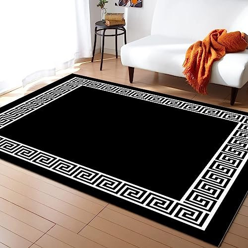 Luxuriöser schwarz-weißer Spiral-Bordüre, mittelalterlicher Minimalismus-Dekor, rutschfest, weich, flauschig, waschbar, 100 x 140 cm