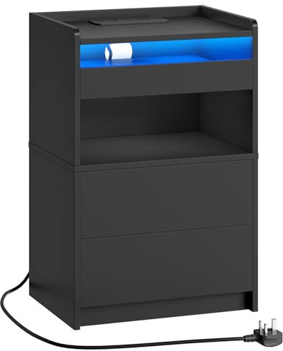 HOOBRO Bedside Table with Charging Station, End Table with 20-Color LED Lights, Nightstand with 1 AC Outlet, 2 USB Ports, 3 Drawers for Bedroom, Living Room, Study, Home Office, Black EBK328KDBZ01