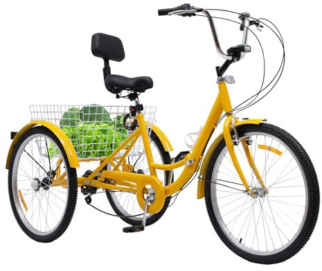HUSPOO Faltrad Dreirad für Erwachsene, 24 Zoll 7 Gänge 3-Rad-Fahrrad mit Einkaufskorb, Tragfähigkeit 140KG, Höhenverstellbares Dreirädriges für Erwachsene und Senioren zur Freizeitgestaltung, Gelb