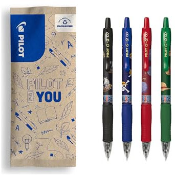 PILOT x ONE PIECE - Lot de 4 G2 + 4 Stickers - Stylos Roller Encre Gel Rétractables et Rechargeables - Édition limitée One Piece - Noir, Bleu, Rouge, Vert - Pointe Moyenne