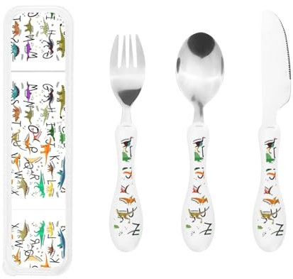 Stylish Learning Alphabets with Dinosaurs Print Knife, Fork and Spoon Set - Flatware Set, Steel Kitchen Soup Ladle & Dessert Spoon for Table Manners