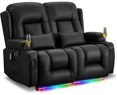 LIFTSHA Zweisitzer Relaxsessel Elektrisch mit Liegefunktion, Fernsehsessel Elektrisch Verstellbar mit Massage & Heizung, TV Sessel Heimkino Sitze für Wohnzimmer, Kunstleder, Schwarz