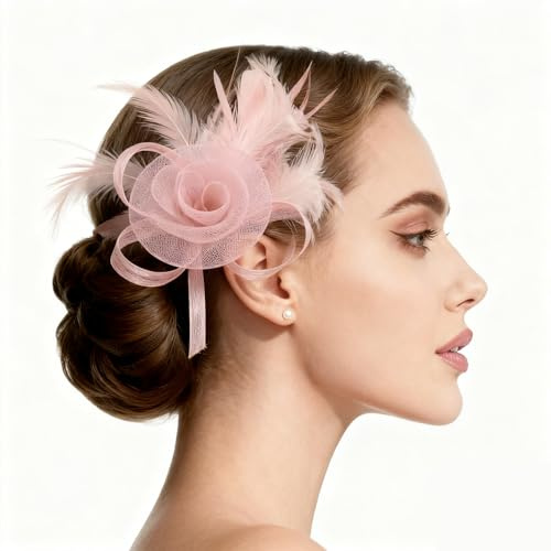 Chic Floral Feather Fascinator Headband Versatile Clip On Hair Accessory for Women, Girls, Bridal, Garden Parties & Special Occasions (Dusty Pink, One Size)