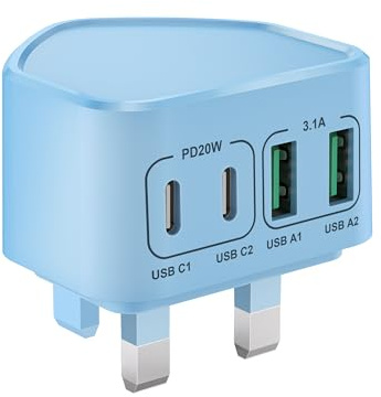 USB C Plug, Fast Charger Plug Mutil USB Plug UK 40W 4-Port Dual USB C Power Adapter+ QC Wall Charger Head, Type C Charging Plug for iPhone 16 15 14 13 12 11 Pro Max Plus, Samsung, iPad