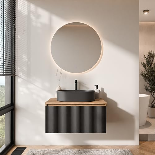 Planetmöbel Arisa Badmöbel Set Waschtisch mit Unterschrank | 80 cm, gold eiche schwarz (geriffelt) mit NOVA Spiegel, Waschbecken 55 cm gold eiche schwarz, Raumsparsiphon
